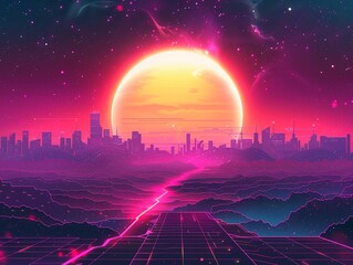 Vector illustration of a digital landscape, cyberpunk theme, neon colors against a dark background, futuristic skyline