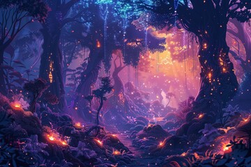 Obraz premium Creative vector illustration of a fantasy forest, magical creatures, glowing elements, and an ethereal atmosphere, rich in color