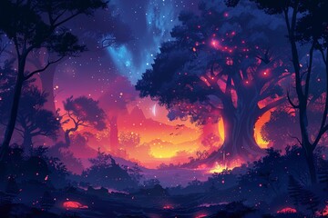 Creative vector illustration of a fantasy forest, magical creatures, glowing elements, and an ethereal atmosphere, rich in color