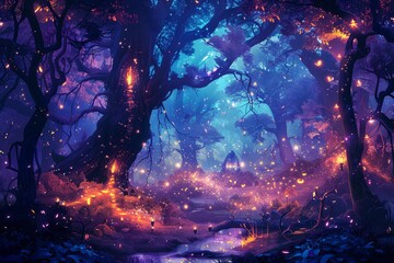 Creative vector illustration of a fantasy forest, magical creatures, glowing elements, and an ethereal atmosphere, rich in color - obrazy, fototapety, plakaty