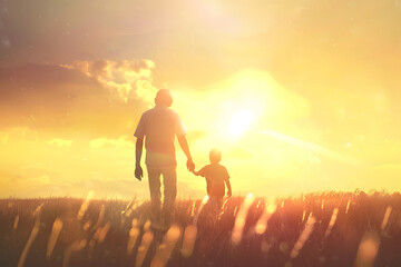 Silhouette of father and son walking in the sunset