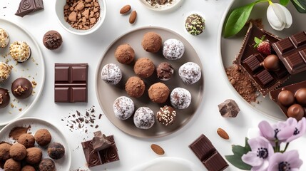 A curated flatlay of gourmet chocolate truffles and pralines, indulgent treats enjoyed during the...