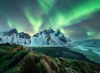 Aurora borealis over vest farms in Iceland, illuminating snowcapped mountains and rugged cliffs...