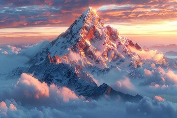 Mountain peak in the clouds at sunset.  - obrazy, fototapety, plakaty