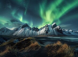 Aurora borealis over vest farms in Iceland, illuminating snowcapped mountains and rugged cliffs...