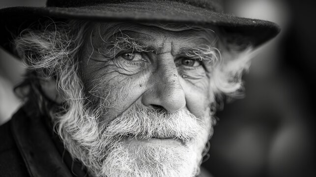 Portrait of an old man with a long beard and mustache. Black and white.