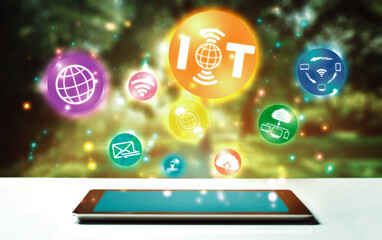 Internet of Things and Communication Technology Concept - Modern graphic interface showing smart...