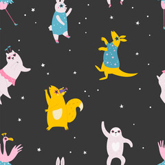 Obraz premium Colorful seamless pattern with funny dancing animals in disco glasses and costumes.