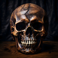 A mysterious and spooky human skull standing on a wooden table.