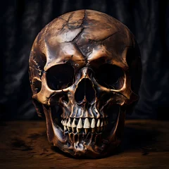 Foto op Canvas A mysterious and spooky human skull standing on a wooden table. © Levent