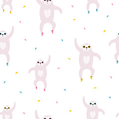 Obraz premium Colorful seamless pattern with funny dancing sloths in disco glasses and socks.