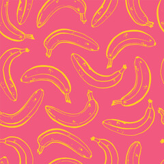 Seamless background with bananas. A hand-drawn illustration of fruits. Yellow bananas in their skins on a pink background. Simple freehand graphics, contours