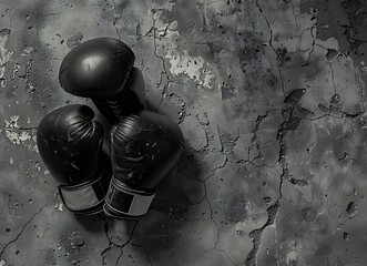 Top view of black and white boxing gloves laying on the floor against a gritty background, in the style of a stock photo captured with a 20mm lens