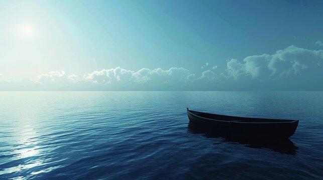 Silhouette of a small boat on the big wide sea, concept: loneliness, copy and text space, 16:9
