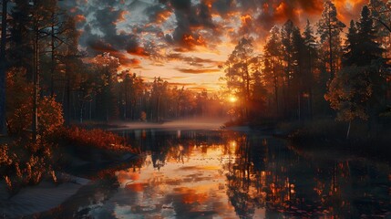 A dramatic composition of a forest landscape at sunset, with the fiery colors of the sky mirrored...
