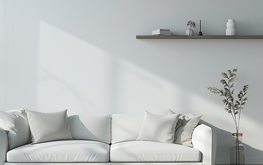 Modern white living room interior with sofa and shelf on the wall