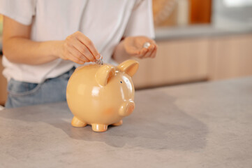 Faceless shot of young female hands putting coins in a piggy bank in the kitchen.