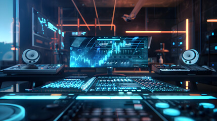 A holographic music production studio allowing artists to compose and mix tracks in a virtual...