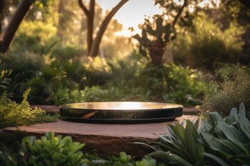 Circular platform in forest trees, plants and natural landscape. Empty product podium in green garden, sunset light, surrounded by grass and floral elements for natural product backdrop