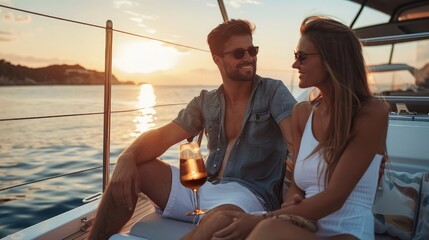Smiling man sitting cross-legged by woman on yacht at vacation