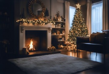 glowing tree fireplace interior christmas modern