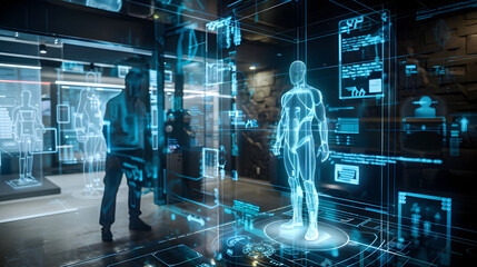 A holographic security system projecting 3D models of intruders and potential threats in a high-tech facility.


