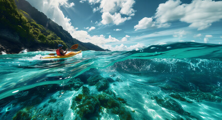 A kayaker in a bright yellow kayak paddles through the crystal-clear waters