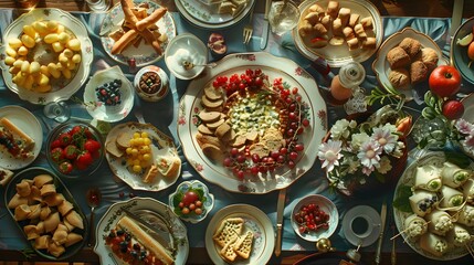 A festive table set with traditional Shavuot foods like cheesecake, blintzes, and dairy dishes,...
