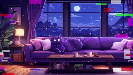 Animated virtual backgrounds, stream overlay loop, cozy lo-fi living room at sunset, Vtuber asset twitch zoom OBS screen, chill hip hop, hand-drawn, Japanese 2D anime style animation 4K video