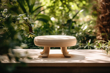 Small wooden platform on top of table. Product podium crafted from wood, in green garden, in the soft hues of sunset with surrounding trees and grass creating a natural setting