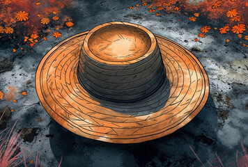 Illustration of orange farmer's hat laying on the ground in the fall.