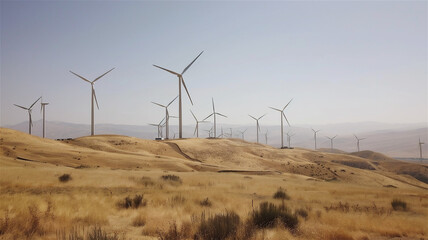 A row of wind turbines stands majestically on the crest of rolling, hills covered with dry, golden grass. Green energy concept