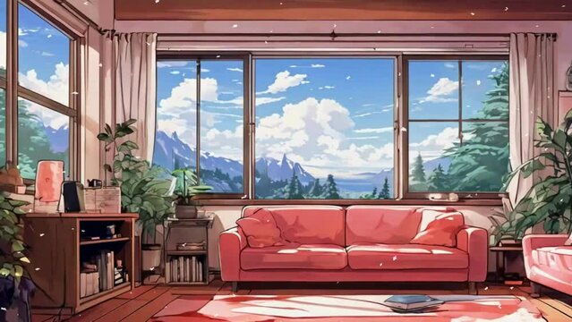 Animated virtual backgrounds, stream overlay loop, cozy lo-fi living room at sunset, Vtuber asset twitch zoom OBS screen, chill hip hop, hand-drawn, Japanese 2D anime style animation 4K video