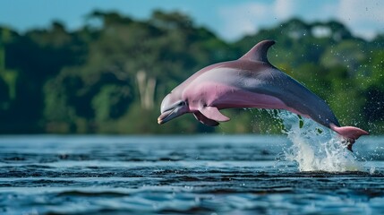 A graceful pink river dolphin breaching the surface of a tranquil Amazonian river, its sleek form contrasting against the deep blue waters.