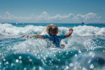 A young boy is surfing in the ocean