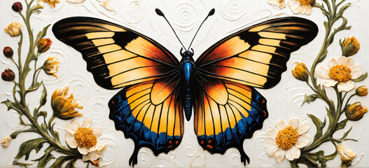 Painting of a large butterfly with a chamomile plant and flower against a white background