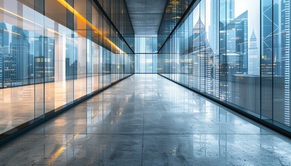 Capturing the essence of corporate elegance, this image features a bright, airy glass office corridor. The interior is defined by its high