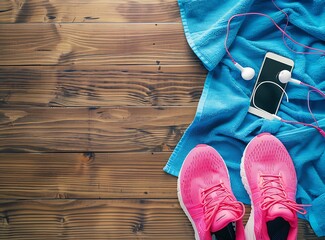 Top view of pink running shoes, a blue towel with a cell phone and earphones on a wooden background, sports equipment for fitness or sport training, a healthy lifestyle concept - Powered by Adobe
