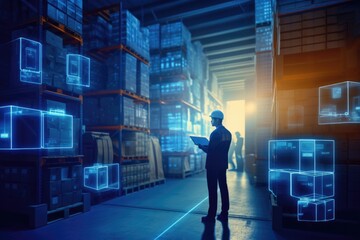 A man with a tablet in warehouse.