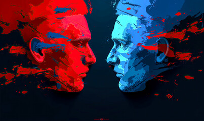 Wallpaper of red face facing blue face on a black background, vs match Red vs Blue. 