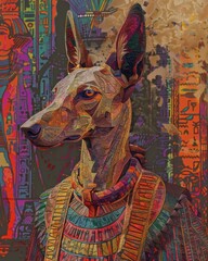 Vibrant portrayal of a canine resembling Anubis against a backdrop fused with traditional Egyptian art and modern graphics A solemn gaze evokes emotion and depth