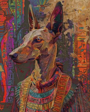 Vibrant portrayal of a canine resembling Anubis against a backdrop fused with traditional Egyptian art and modern graphics A solemn gaze evokes emotion and depth