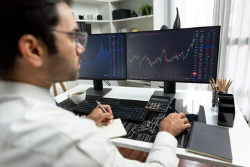 Smart trader businessman analyzing in two dynamic stock exchange investment screen on pc with...