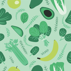 Seamless pattern with green vegetables and fruits. Spinach, celery, avocado, banana, apple, cabbage. Vegetarian, healthy nutrition background. Detox healthy food, farmer market. Vector illustration.