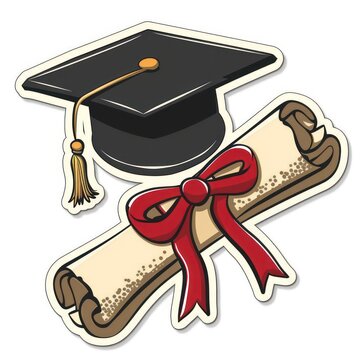 Illustration of a graduation cap with a tassel alongside a diploma tied with a red ribbon, representing academic success