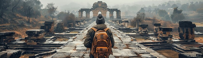 Young Indian man with backpack and camera explores ancient ruins, traveling for discovery amidst historical architecture
