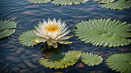 Dans une ambiance de quiétude, les nénuphars baignent dans une eau calme, leurs feuilles flottantes et leurs fleurs épanouies ajoutant une touche de grâce à la scène, créant ainsi une atmosphère apais