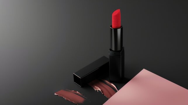 A luxurious red lipstick placed against a dark backdrop with a swatch of color, symbolizing beauty and sophistication in cosmetics