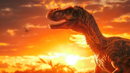 Tyrannosaurus is a genus of large theropod dinosaur on sunset background