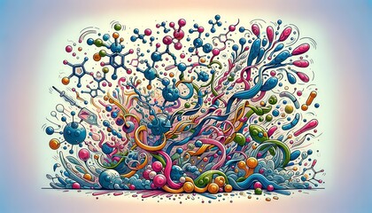 This illustration features various molecular structures and chemical compounds, represented as vibrant, animated forms, intertwined and interacting in a lively, artistic manner.